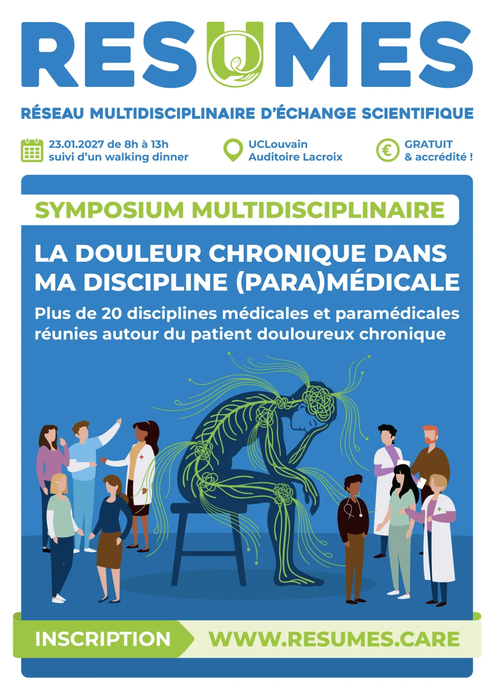 Affiche du symposium RESUMES 2027 : La douleur chronique dans ma discipline (para)médicale